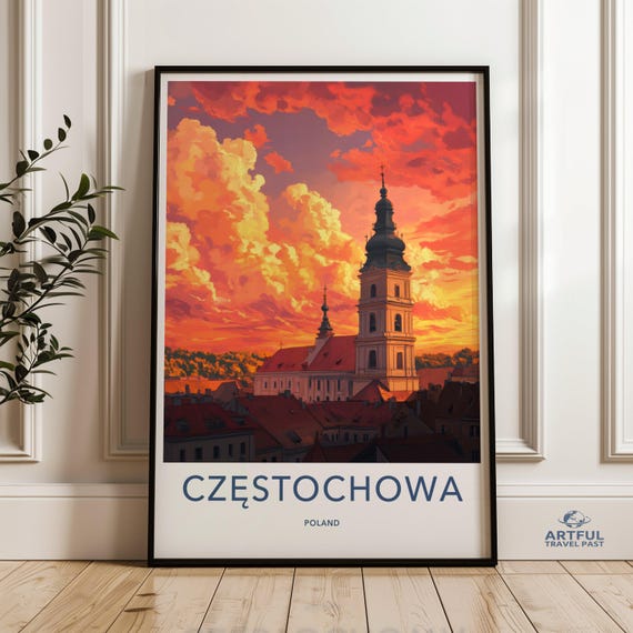 Czstochowa Poland Skyline Wall Art Cityscape Poster Sunset City Print European Travel Decor Landmark Urban