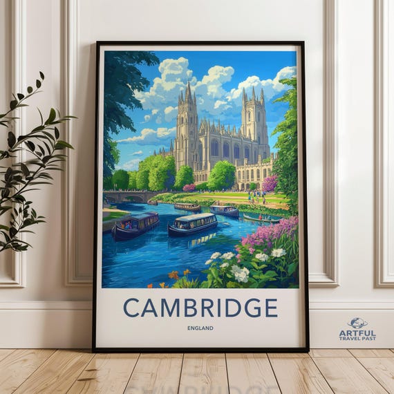 Cambridge Wall Art Print England Landscape Poster Travel Decor Architecture Illustration Scenic City Artwork
