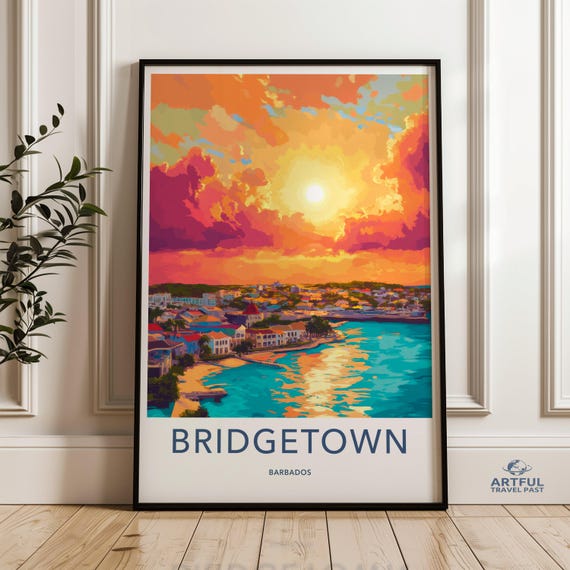 Bridgetown Barbados Wall Art Colorful Sunset Print Caribbean Coastal Cityscape Decor Vibrant Tropical Poster