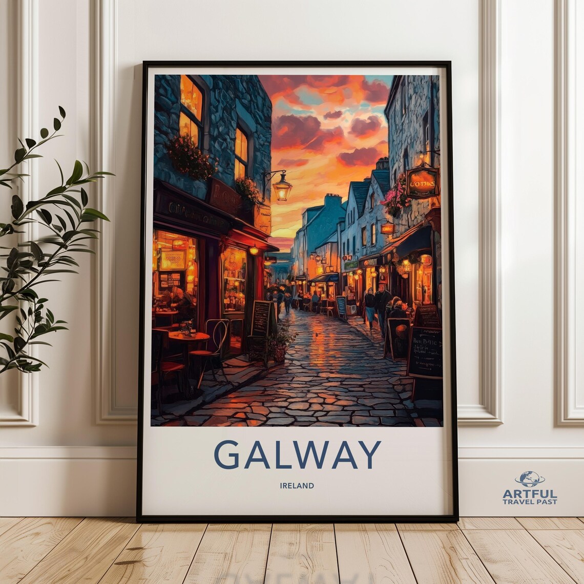 Galway Ireland Scenic Old Town Sunset Street Evening Travel Poster