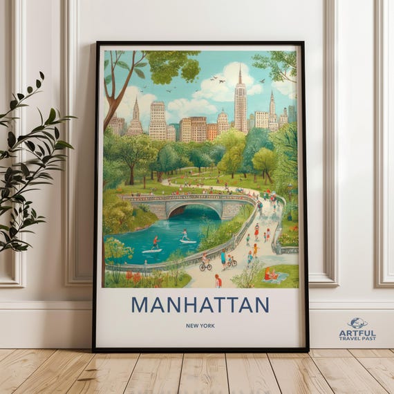 Manhattan New York Wall Art Central Park Illustration Nyc Cityscape Print Urban Decor Travel Poster Scenic Artwork For Home