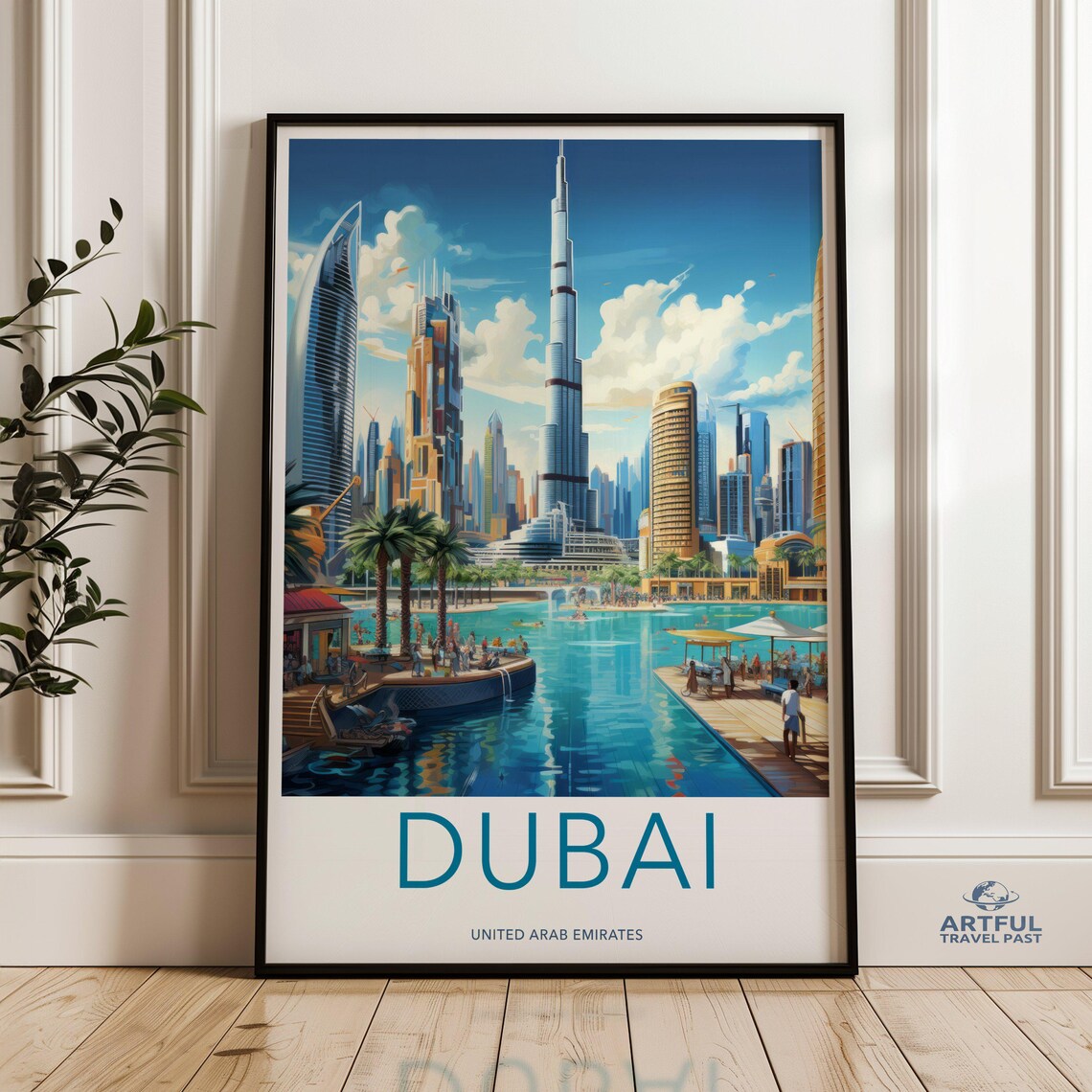 Dubai Skyline Daytime Travel Poster Burj Khalifa Waterfront UAE
