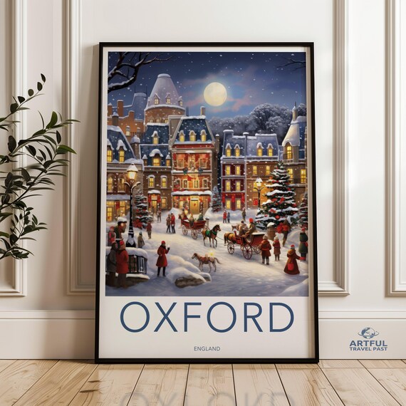 Oxford England Snowy Street Horse Carriage Winter Travel Poster