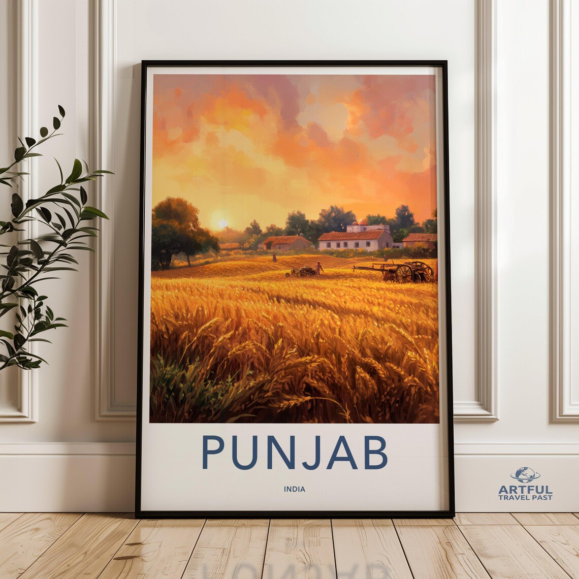 Punjab India Golden Wheat Fields Harvest Sunset Farm Travel Poster
