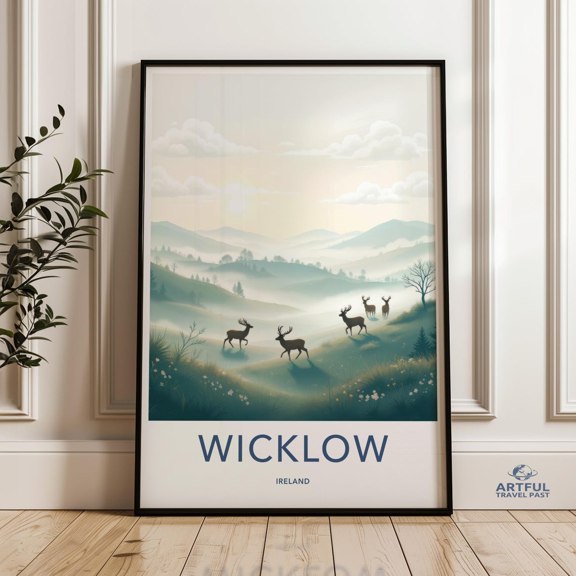 Wicklow Ireland Deer Sunrise Misty Mountain Meadow Travel Poster