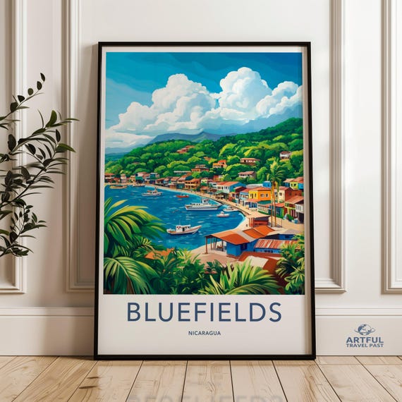 Bluefields Nicaragua Wall Art Coastal Town Print Scenic Landscape Poster Travel Destination Decor Colorful Harbor Artwork
