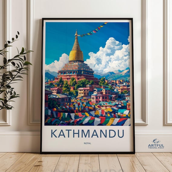 Kathmandu Nepal Boudhanath Stupa Colorful Vintage Travel Poster