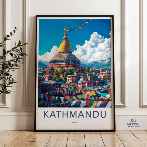 Kathmandu Wall Art Nepal Travel Poster Colorful Landscape Print Himalayan Cityscape Tibetan Prayer Flags Home Decor