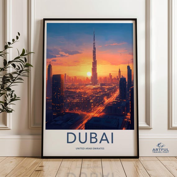 Dubai Skyline Wall Art Sunset Cityscape Print Urban Landscape Poster Modern Home Decor Burj Khalifa Artwork City Lights