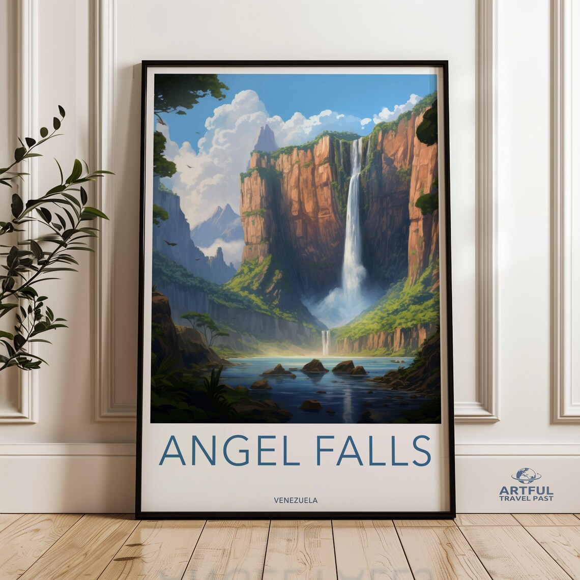 Angel Falls Venezuela Waterfall Cliff Vintage Travel Art Poster