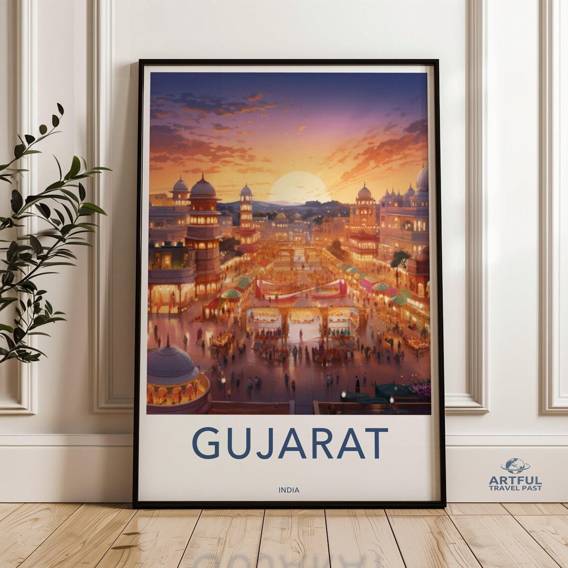 Vibrant Gujarat India Sunset Cityscape Vintage Travel Poster