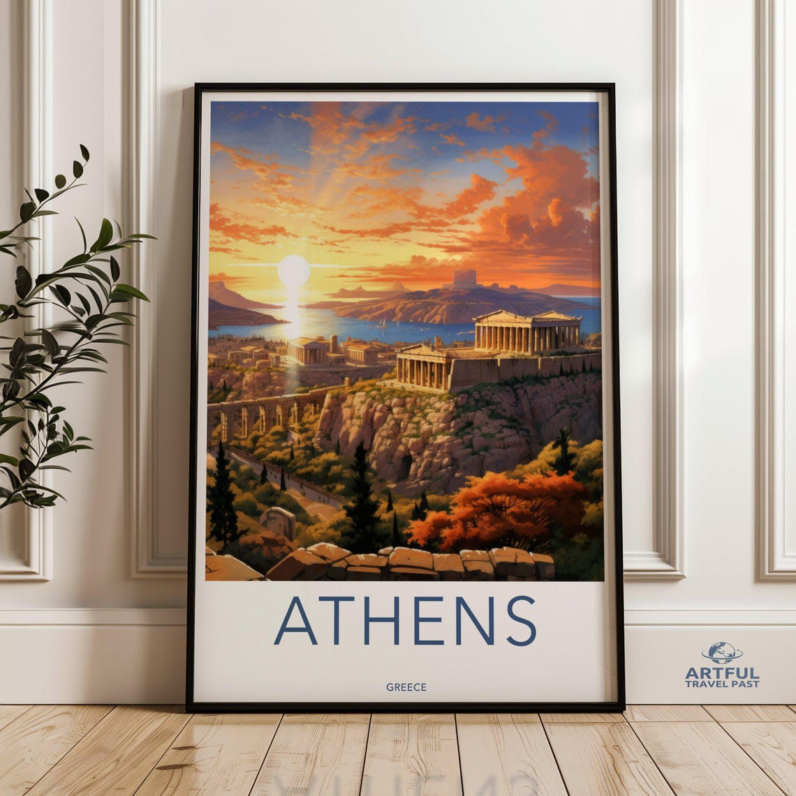 Athens Greece Acropolis Sunset Ancient Ruins Vintage Travel Poster