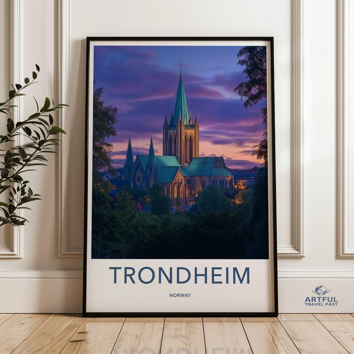 Trondheim Norway Nidaros Cathedral Sunset Purple Sky Travel Poster