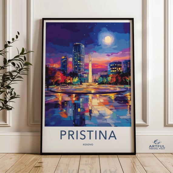 Pristina Kosovo Wall Art Print Cityscape Night View Urban Landscape Painting Colorful Home Decor Travel Gift Office Decoration