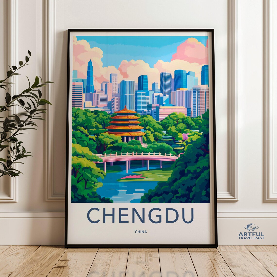Chengdu China Scenic Pagoda Park With Modern Skyline Travel Poster