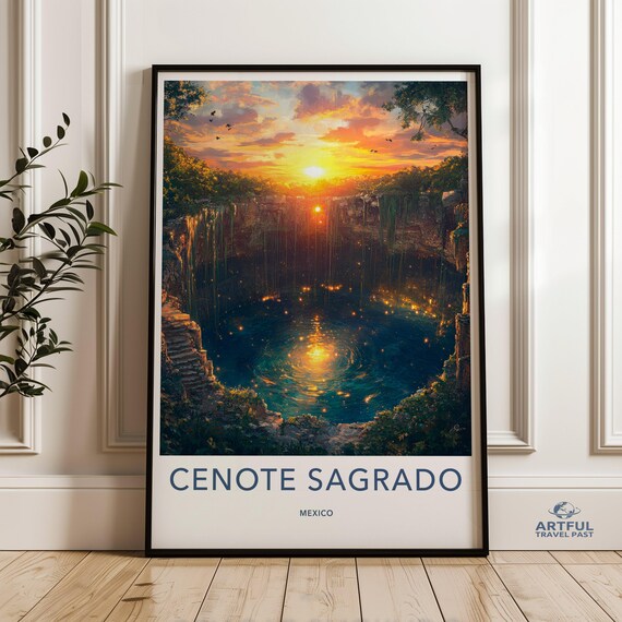 Cenote Sagrado Mexico Sunset Travel Poster Magical Jungle Sinkhole Decor