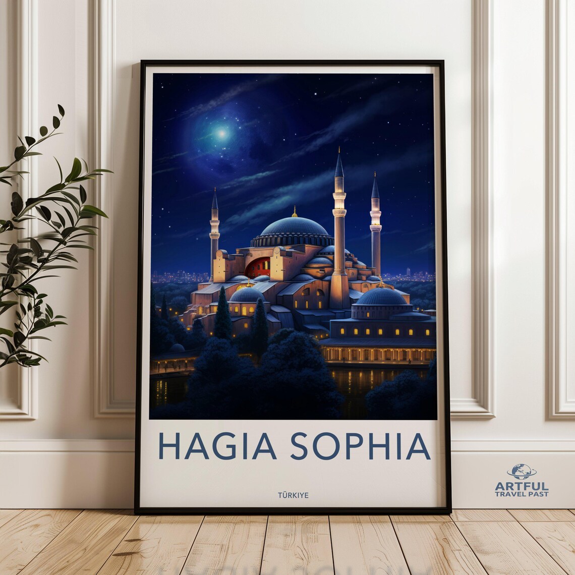 Hagia Sophia Turkiye Night Scene Travel Poster Illuminated Dome
