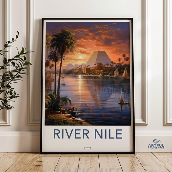 River Nile Egypt Sunset Palms Feluccas Pyramids Travel Poster