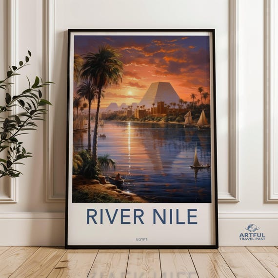River Nile Wall Art Print Sunset Over Egypt Decor Pyramids And Palm Trees Egyptian Cultural Landmarks Poster
