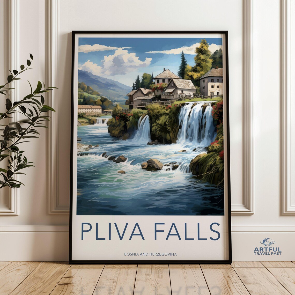 Pliva Falls Bosnia and Herzegovina Vintage Waterfall Travel Poster