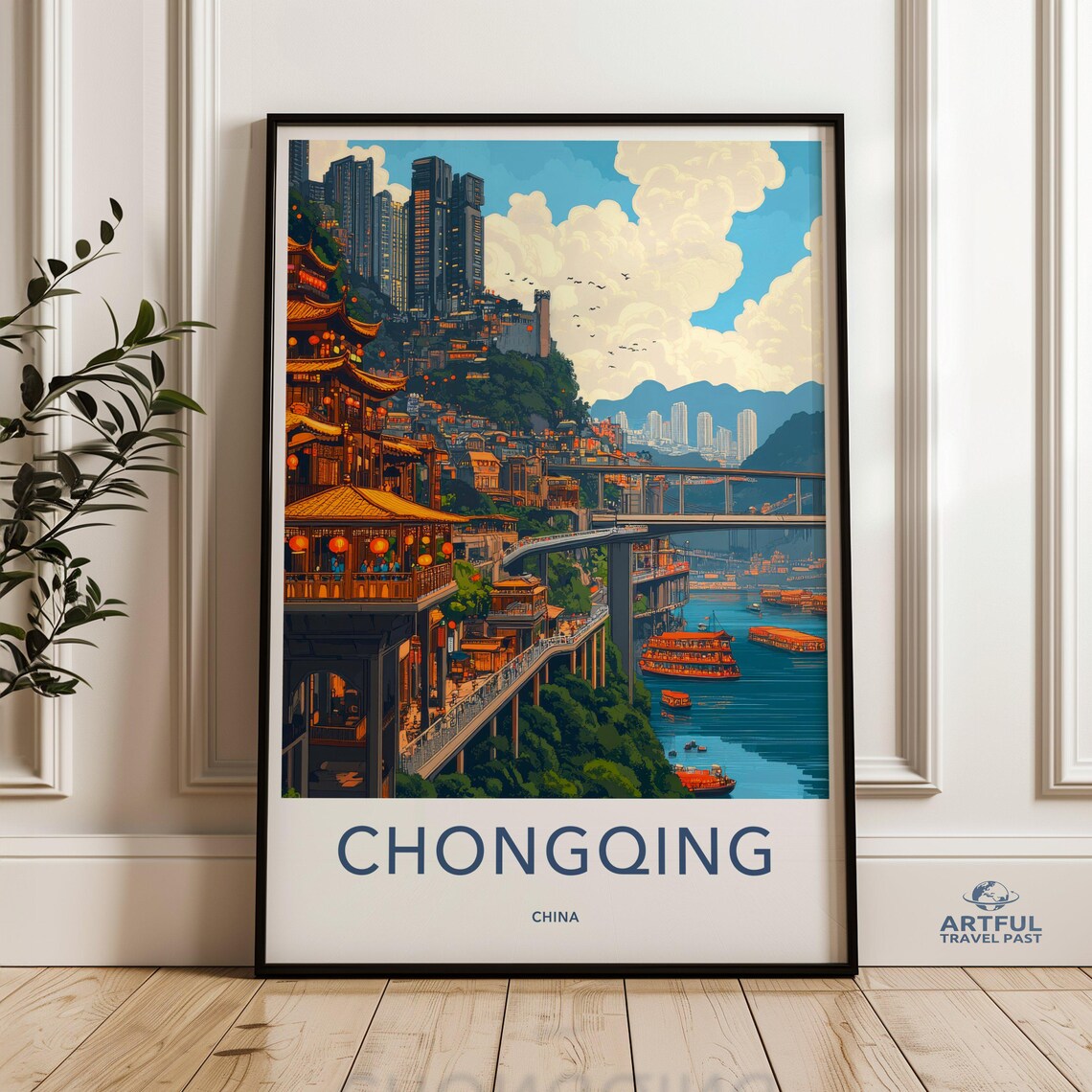CHONGQING CHINA Riverside City Night Lights Vintage Travel Poster