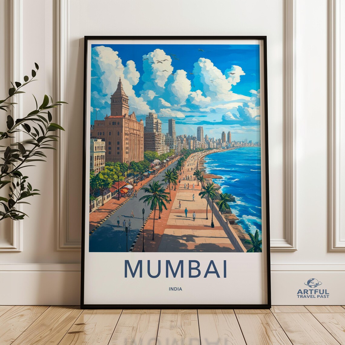Mumbai India Coastal Promenade Vintage Travel Poster Palm Beach Art