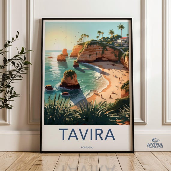 Tavira Wall Art Portugal Coastal Print Beach Landscape Algarve Travel Poster Scenic Ocean View Vibrant Sunset Illustration