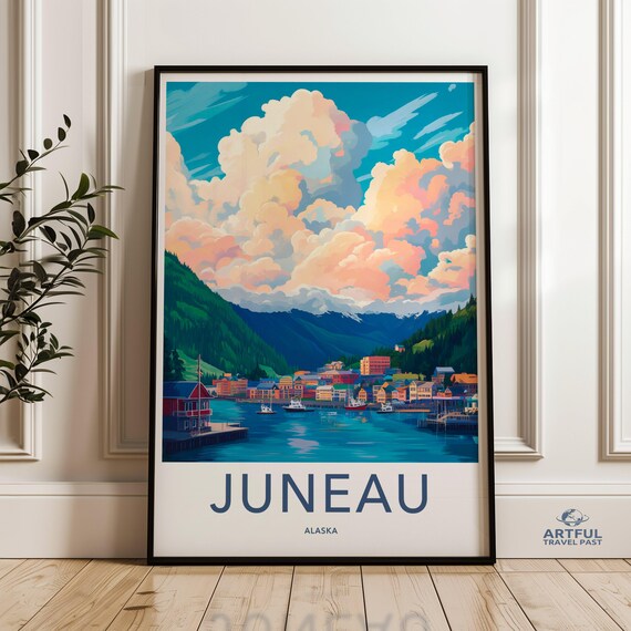 Juneau Alaska Harbor Boats Mountain Village Travel Poster Scene