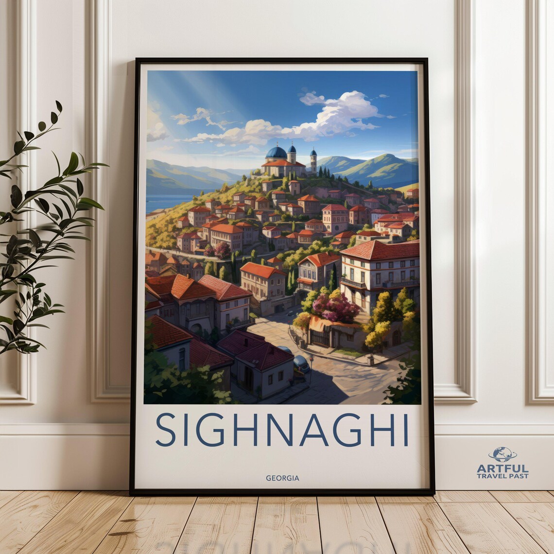 Sighnaghi Georgia Hilltop Church Red Roofs Vintage Travel Poster