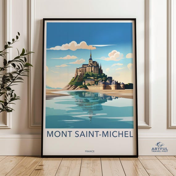 Mont Saintmichel Wall Art France Travel Poster Coastal Landscape Illustration Historic Landmark Print Medieval Architecture Decor