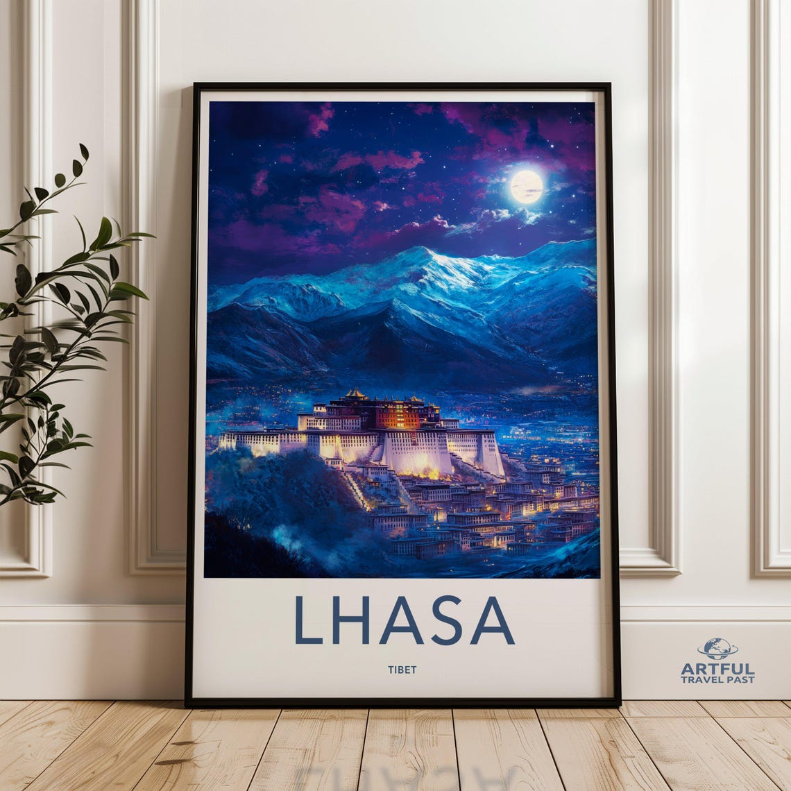 Lhasa Tibet Wall Art Print Moonlit Night Cityscape Majestic Mountain View Illuminated City Lights Stunning Sky Decor