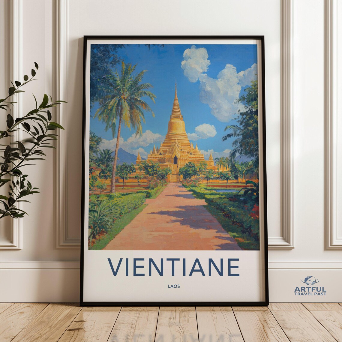 Vientiane Laos Golden Stupa Vintage Daytime Travel Poster Art