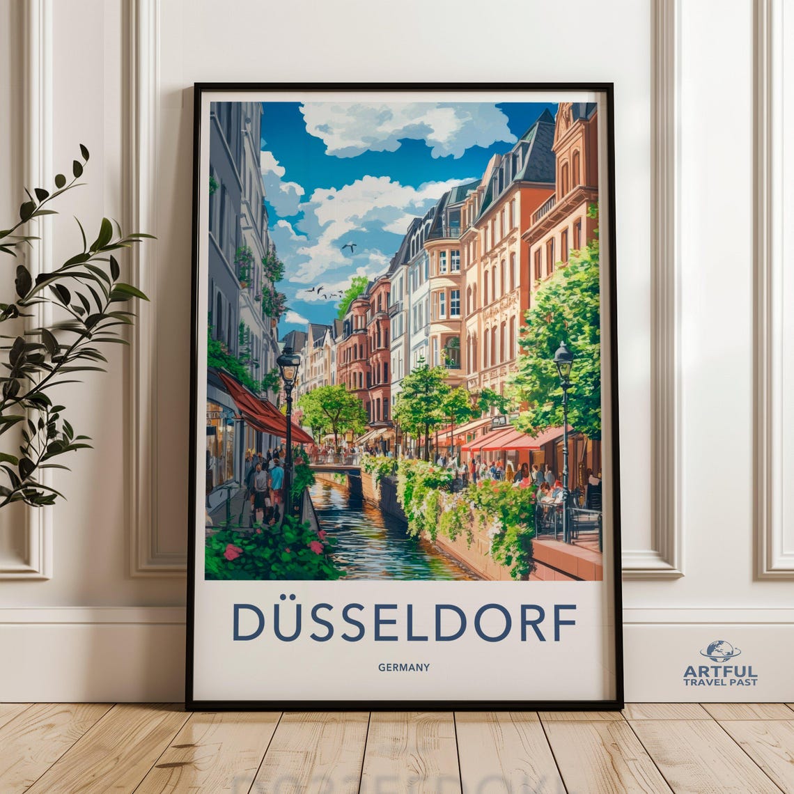 Dsseldorf Cityscape Wall Art Germany Travel Poster Colorful Urban Street Scene Print European City Decor Scenic Watercolor Painting