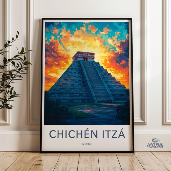 Chichen Itza Mexico Mayan Pyramid At Fiery Sunset Travel Poster