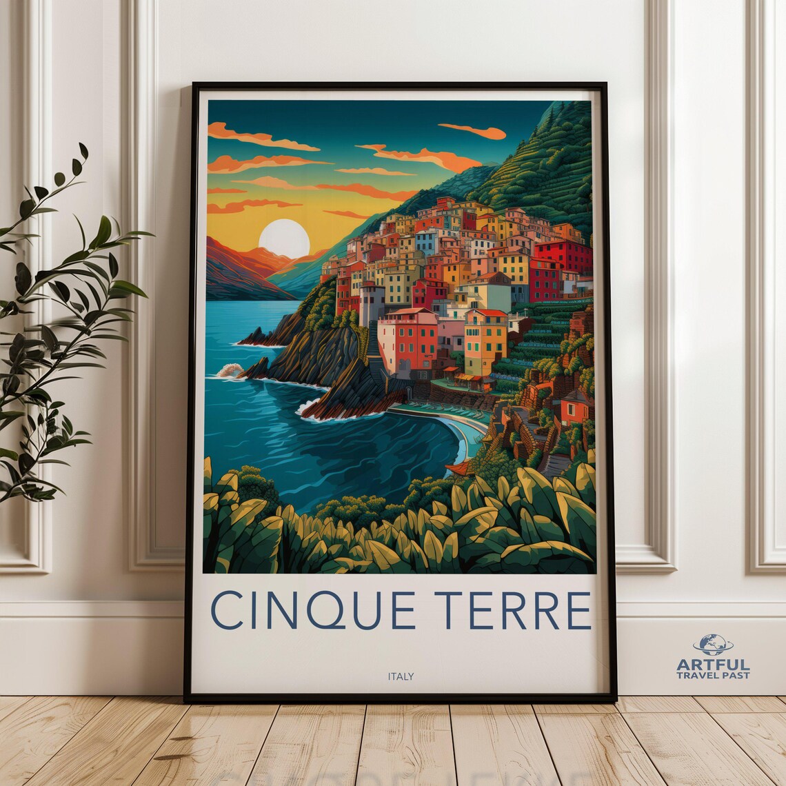 Cinque Terre Italy Colorful Cliffside Village at Sunset Travel Poster