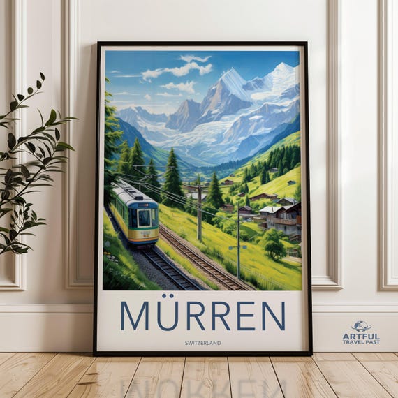 Murren Switzerland Wall Art Vintage Travel Poster Mountain Village Illustration Scenic Railway Print Swiss Alps Landscape Decor