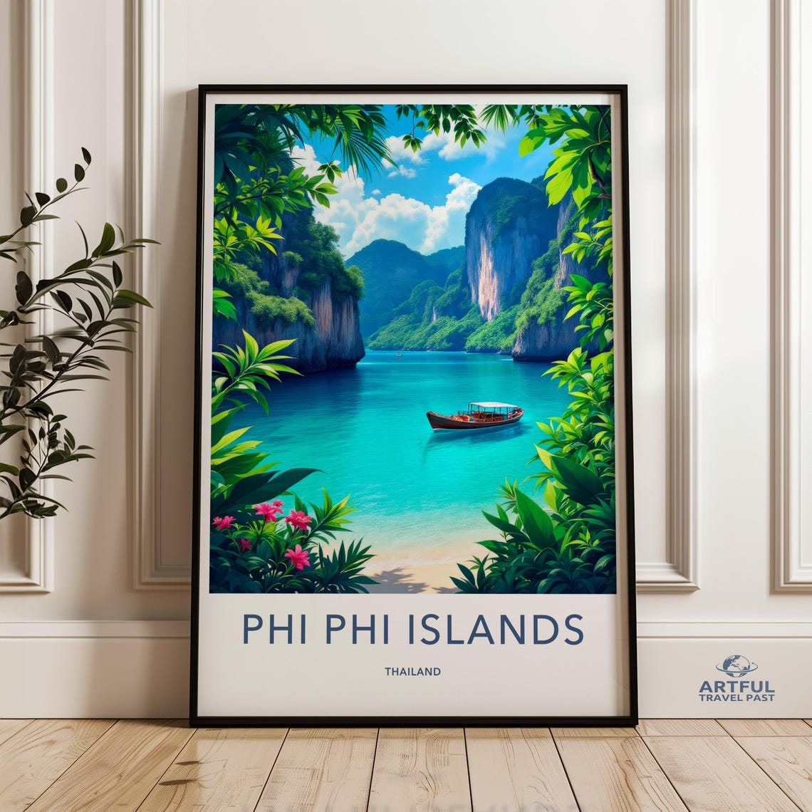 Phi Phi Islands Thailand Turquoise Lagoon Longtail Boat Travel Poster