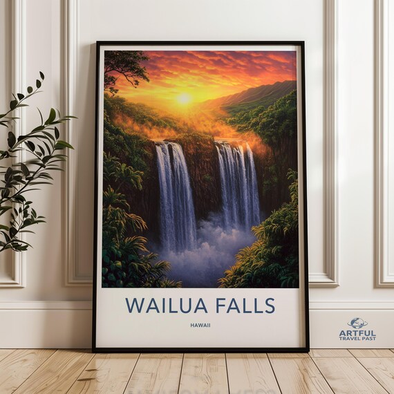 Wailua Falls Hawaii Sunset Waterfall Travel Poster Tropical Nature Art
