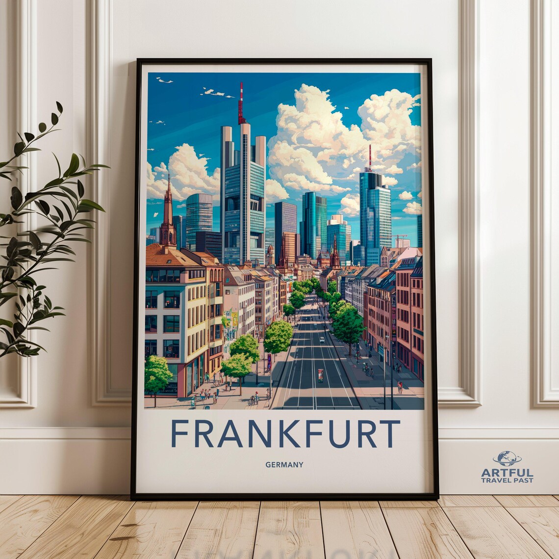 Frankfurt Germany Skyline Modern Towers Street Vintage Travel Poster