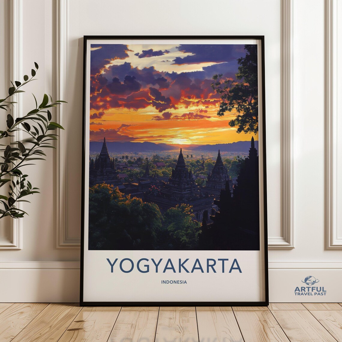 Yogyakarta Indonesia Temple Towers Blazing Sunset Sky Travel Poster