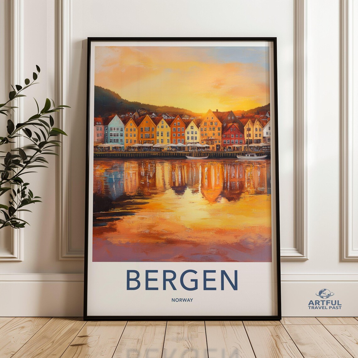 Bergen Norway Sunset Colorful Harbor Houses Reflection Travel Poster