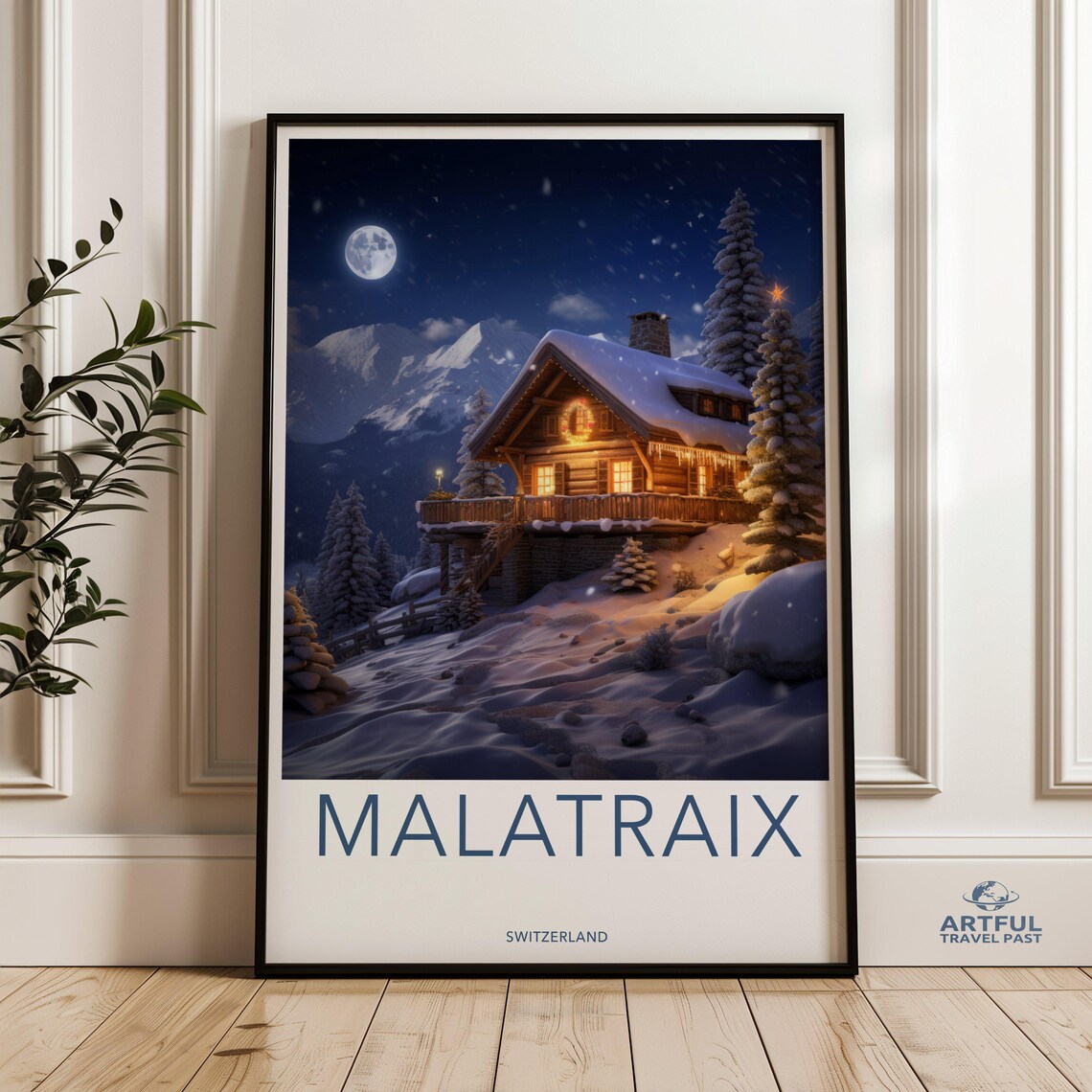 Malatraix Switzerland Snowy Chalet Night Moon Christmas Lights Poster