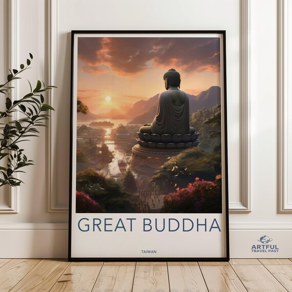 Great Buddha Poster Taiwan Wall Art Sunset Landscape Print Scenic View Cultural Landmark Artwork Home Decor