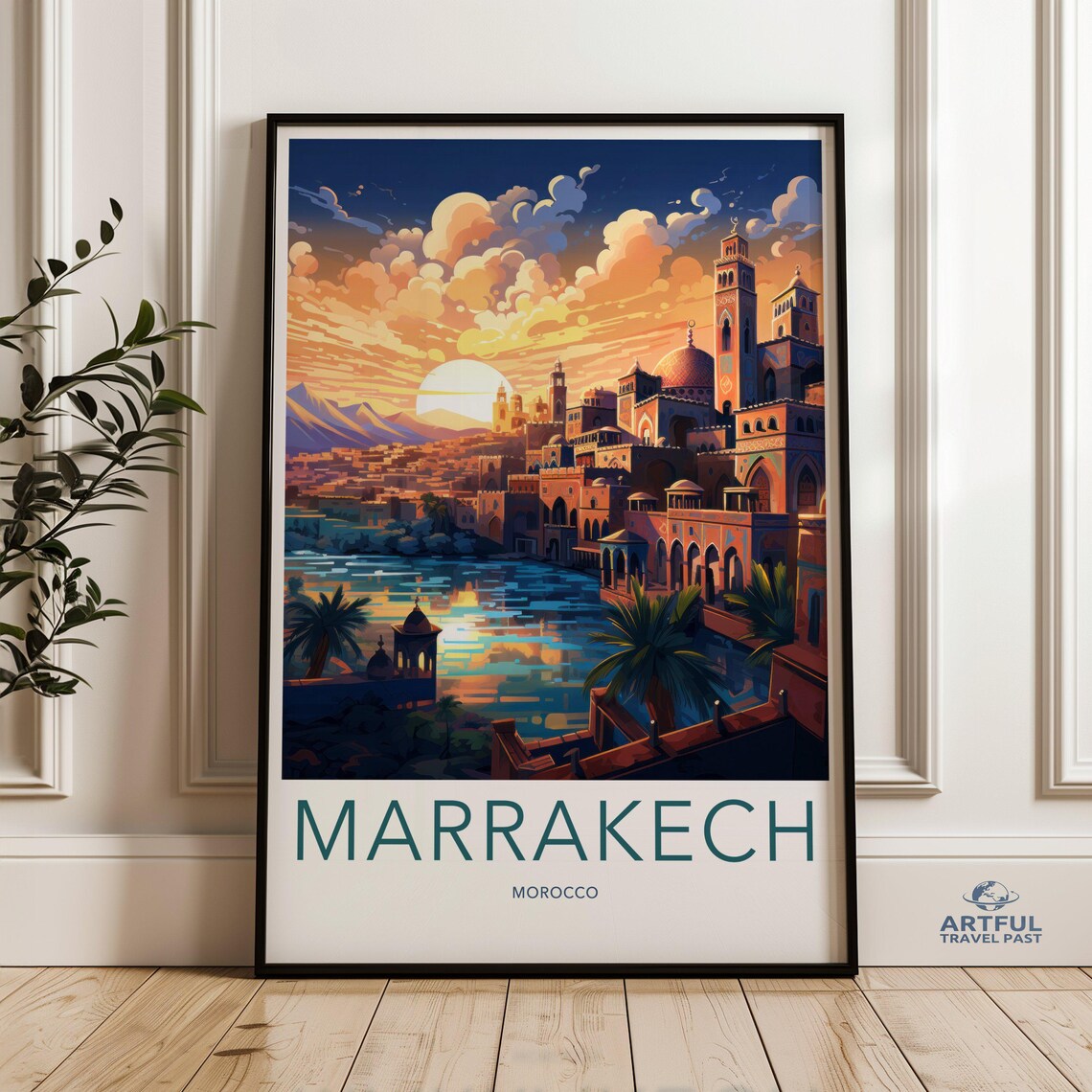 Marrakech Morocco Sunset Cityscape Minarets Travel Art Poster
