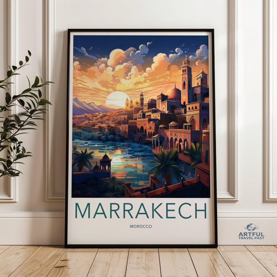 Marrakech Morocco Wall Art Vibrant Cityscape Print Stunning Sunset Landscape Islamic Architecture Poster Moroccan Decor Travel Artwork