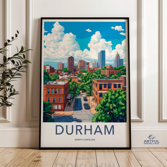 Durham City Skyline Poster North Carolina Wall Art Vibrant Cityscape Print Urban Decor Downtown Illustration