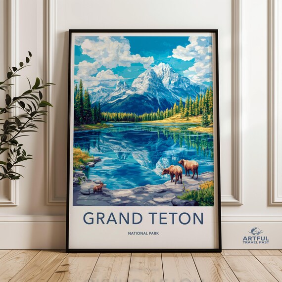 Grand Teton National Park Vintage Travel Art Mountain Lake Landscape Poster