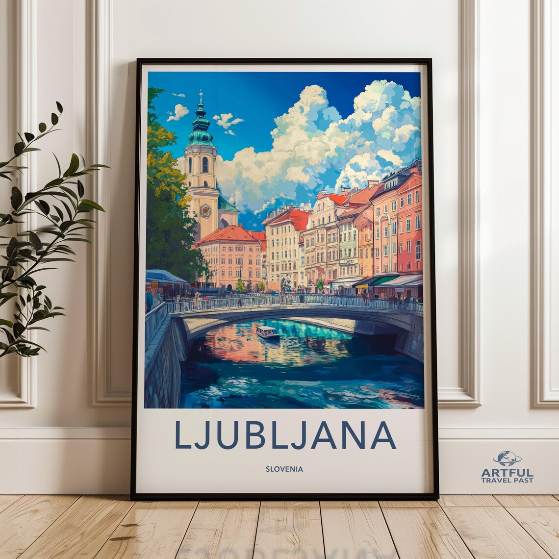 Ljubljana Slovenia Riverside Bridge Old Town Vintage Travel Poster