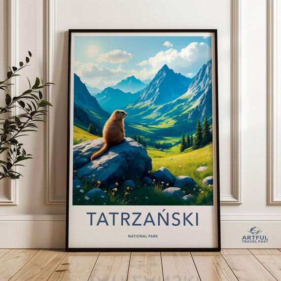 Tatrzanski National Park Marmot Poster with Vintage Alpine Valley View