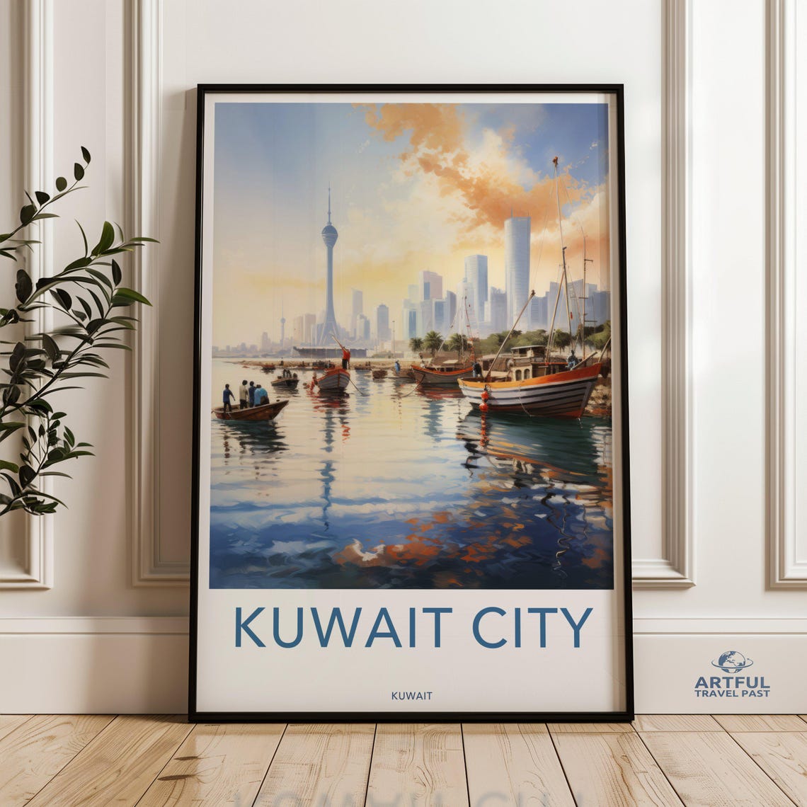 Kuwait City Waterfront Skyline Traditional Boats Artwork Iconic Landmarks Illustration Vibrant Urban Scene Wall Print Decor